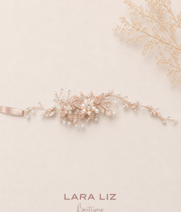 Vincha Oro Rosa con Flores para Peinados de Boda